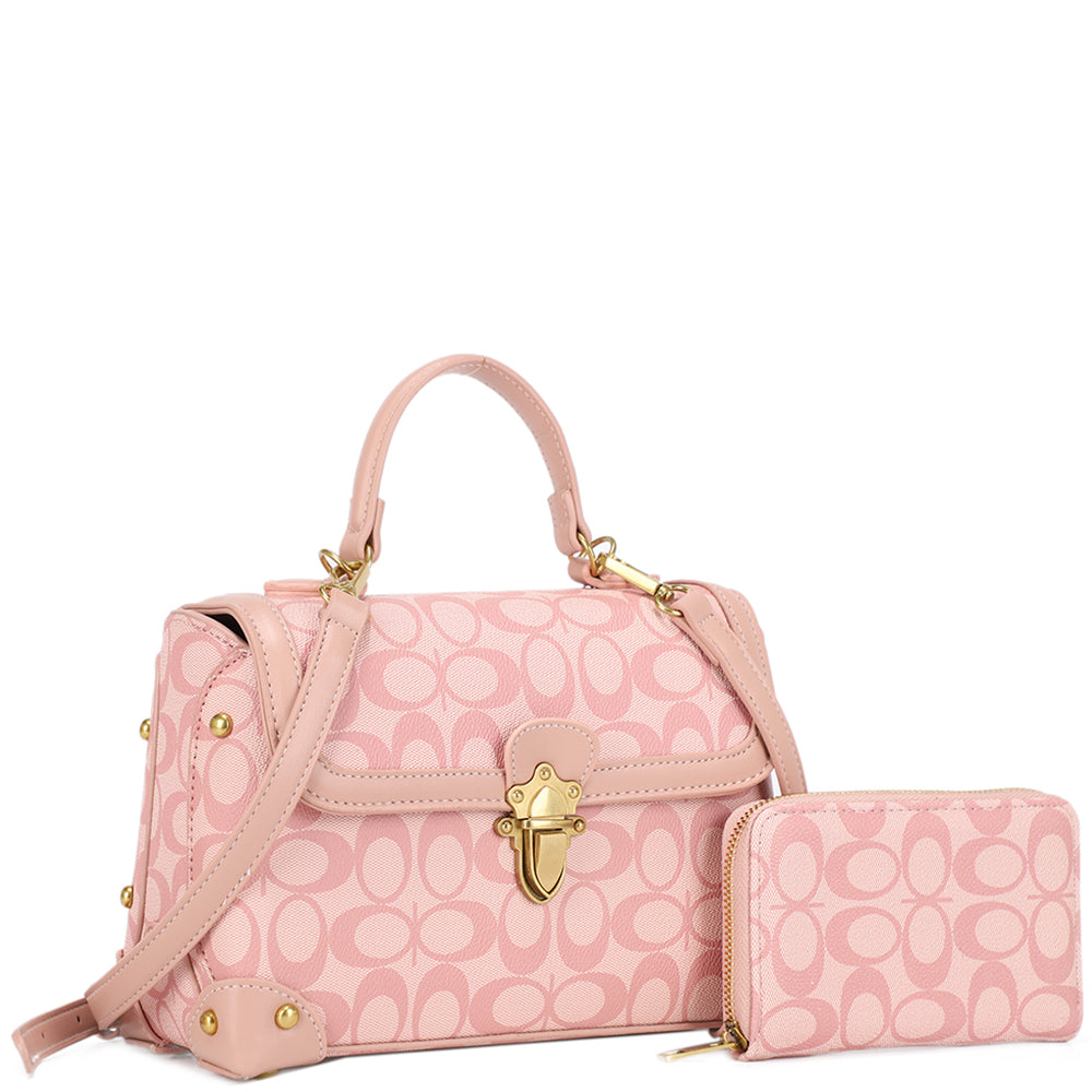 Geometric Print Structured Satchel Set – Blush Pink (Bag + Wallet)