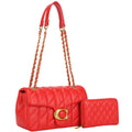 RED Diamond Quilted Shoulder Bag Set with Wallet – Chain Strap