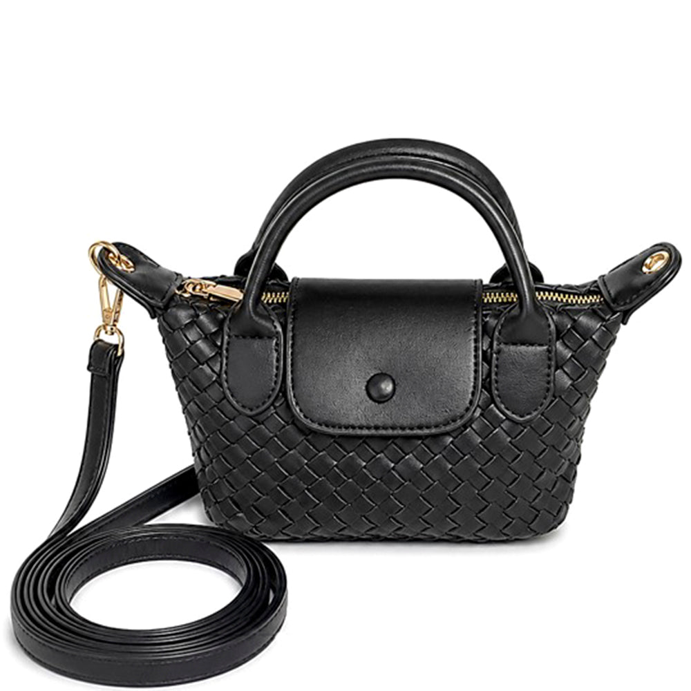 Black Mini Woven Vegan Leather Top Handle Crossbody Bag