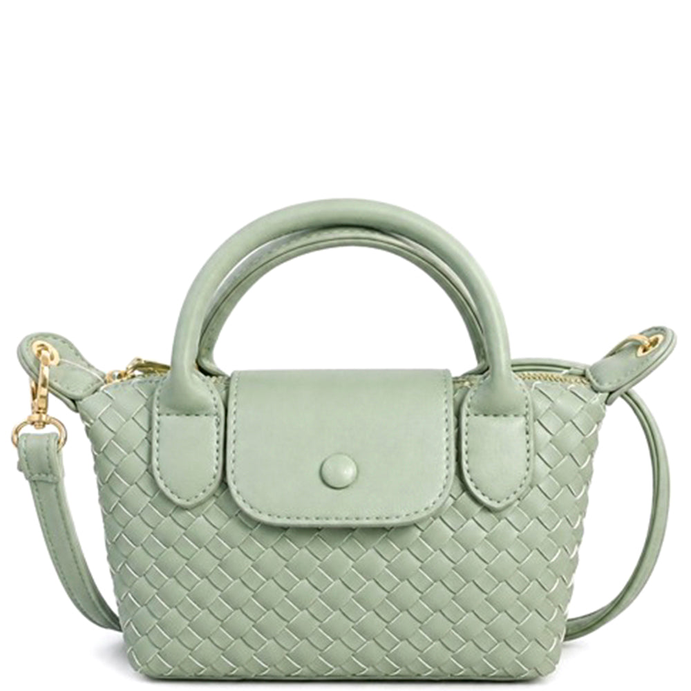 Sage Green Mini Woven Vegan Leather Top Handle Crossbody Bag