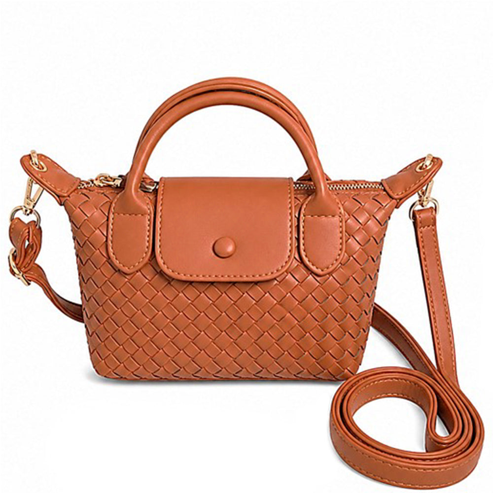 Tan Mini Woven Vegan Leather Top Handle Crossbody Bag