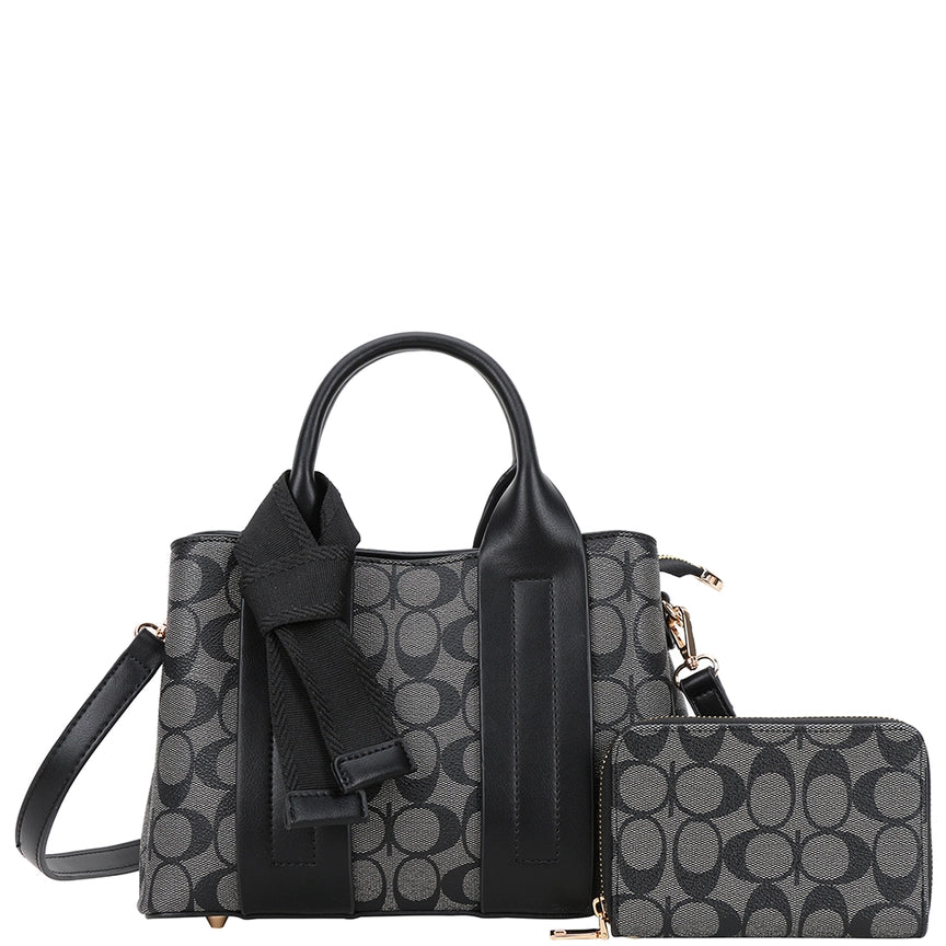 Oval Print Canvas Satchel + Wallet Set | Black