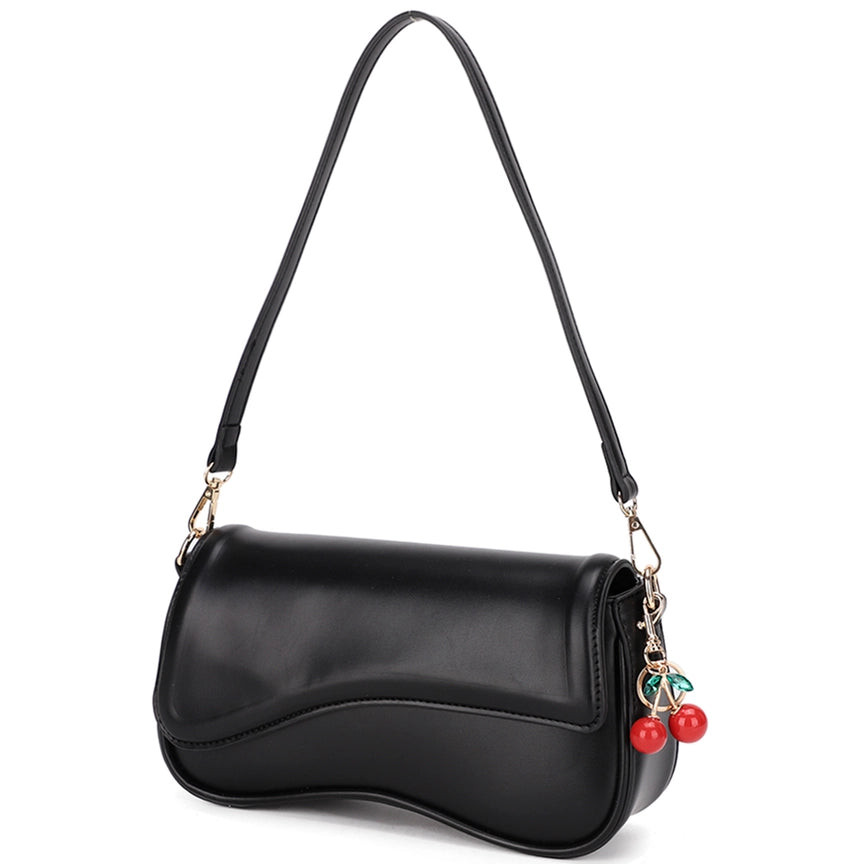 The BLACK Curved Flap Shoulder Bag | Cherry Charm Included