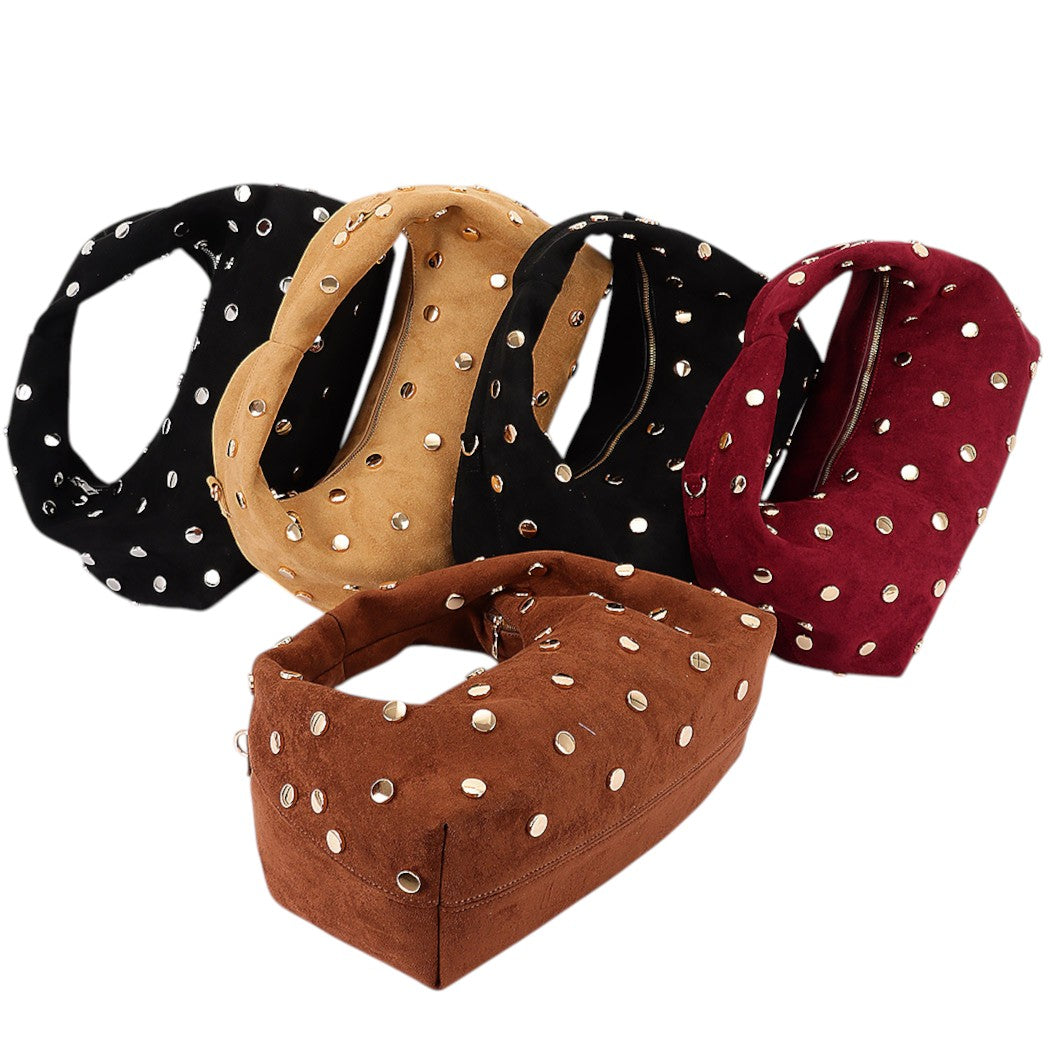 Faux Suede Metal Studded Hobo Bag