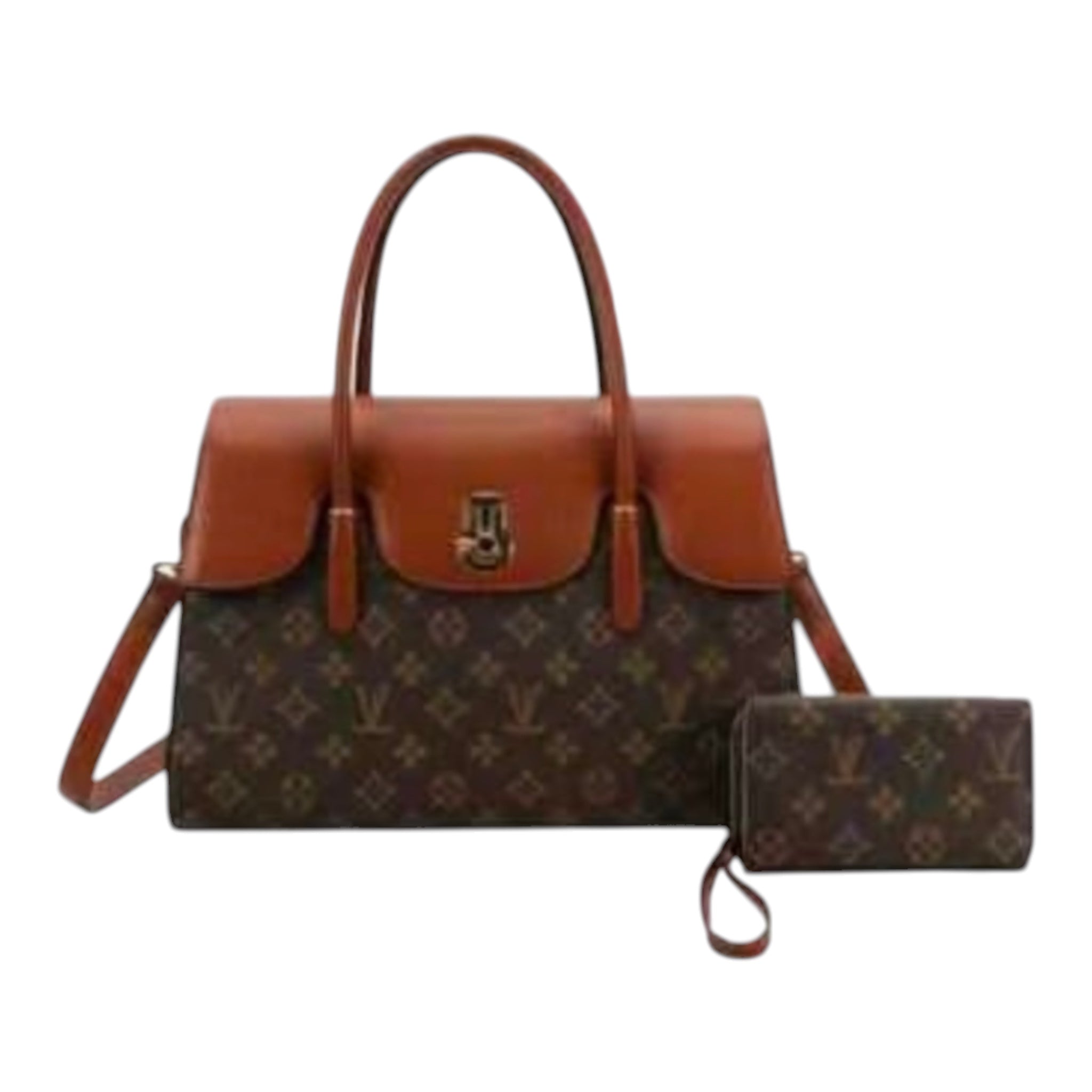 Vintage-Style Monogram Satchel with Crossbody Strap & Matching Wallet – Cognac Trim