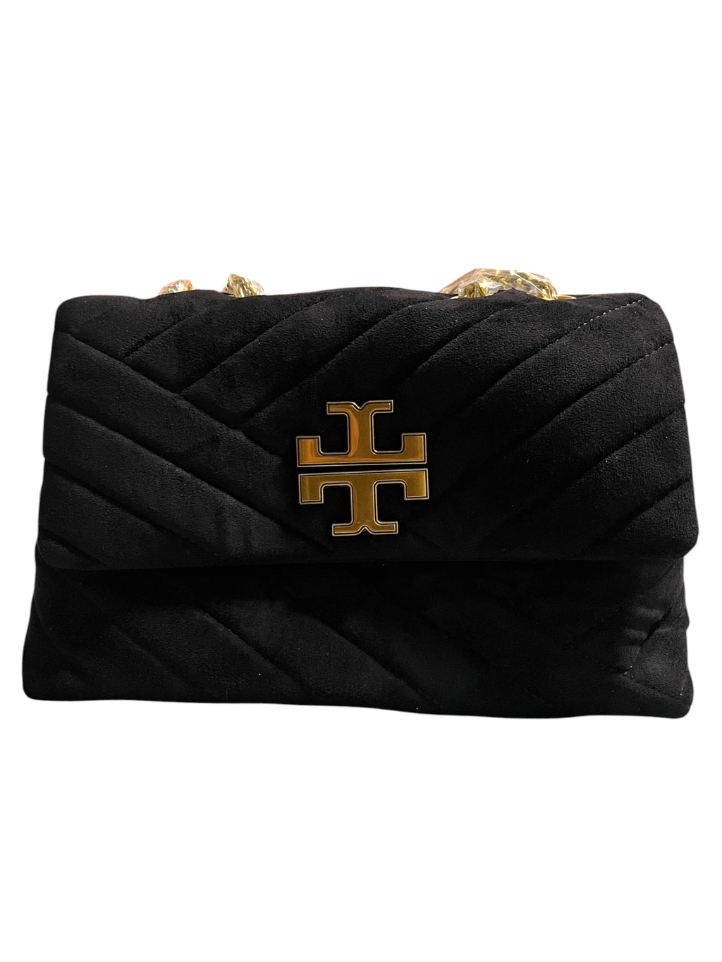 Chevron Quilted Vegan Suede Crossbody Bag – Black