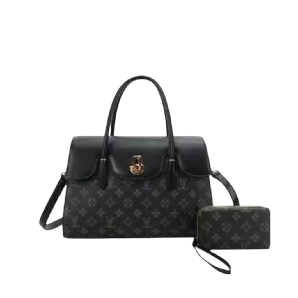 Vintage-Style Monogram Satchel with Crossbody Strap & Matching Wallet