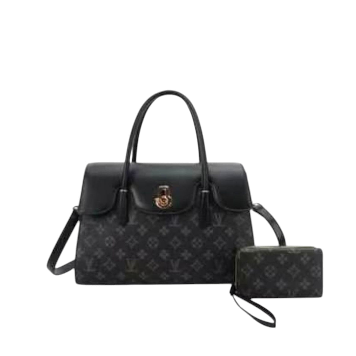 Vintage-Style Monogram Satchel with Crossbody Strap & Matching Wallet