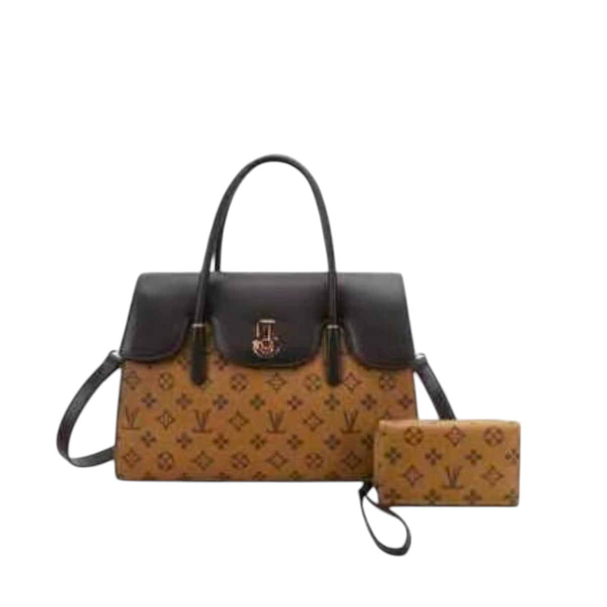 Vintage-Style Monogram Satchel with Crossbody Strap & Matching Wallet