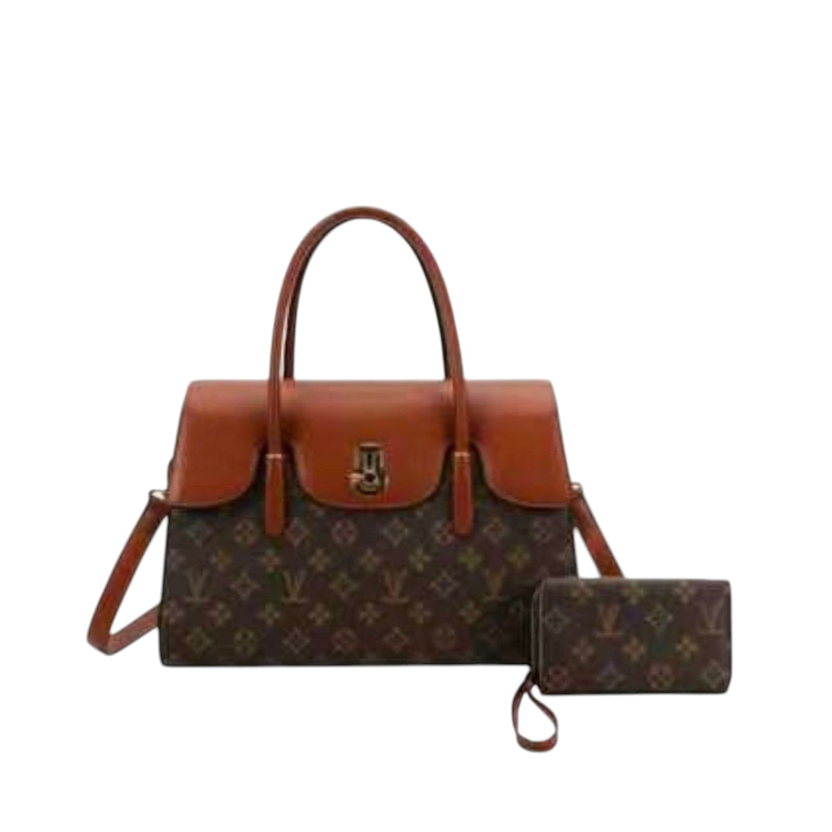 Vintage-Style Monogram Satchel with Crossbody Strap & Matching Wallet