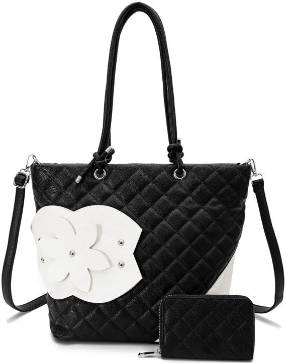 The BLACK/WHITE  Quilted Bloom Tote | 2-Piece Set