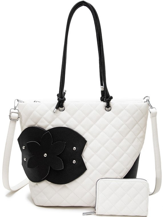 The WHITE/BLACK  Quilted Bloom Tote | 2-Piece Set