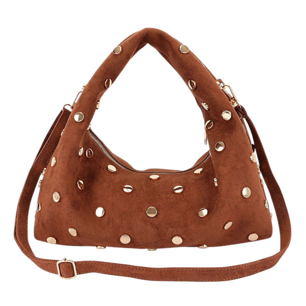 Faux Suede Metal Studded Hobo Bag
