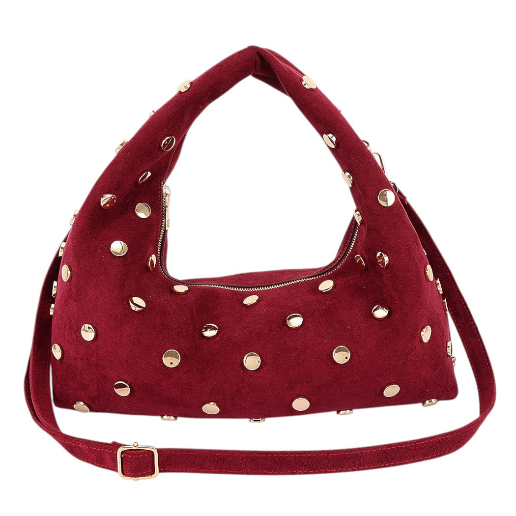 Faux Suede Metal Studded Hobo Bag