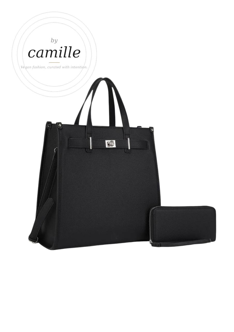 Structured Long Vegan Leather Tote Bag Set with Wallet