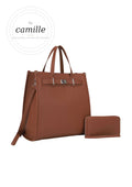 Structured BROWN Long Vegan Leather Tote Bag Set with Wallet