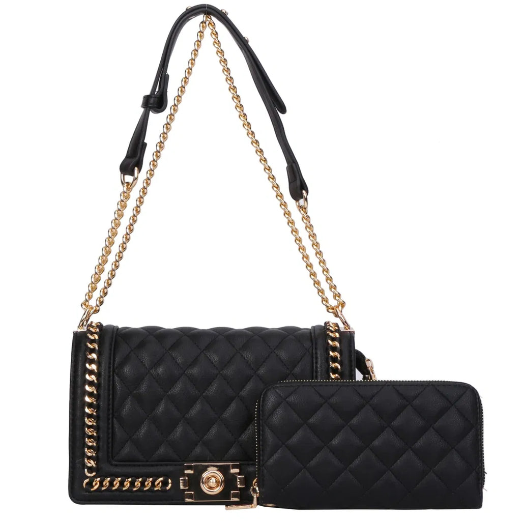Diamond Quilted Flap Shoulder Bag Set with Wallet