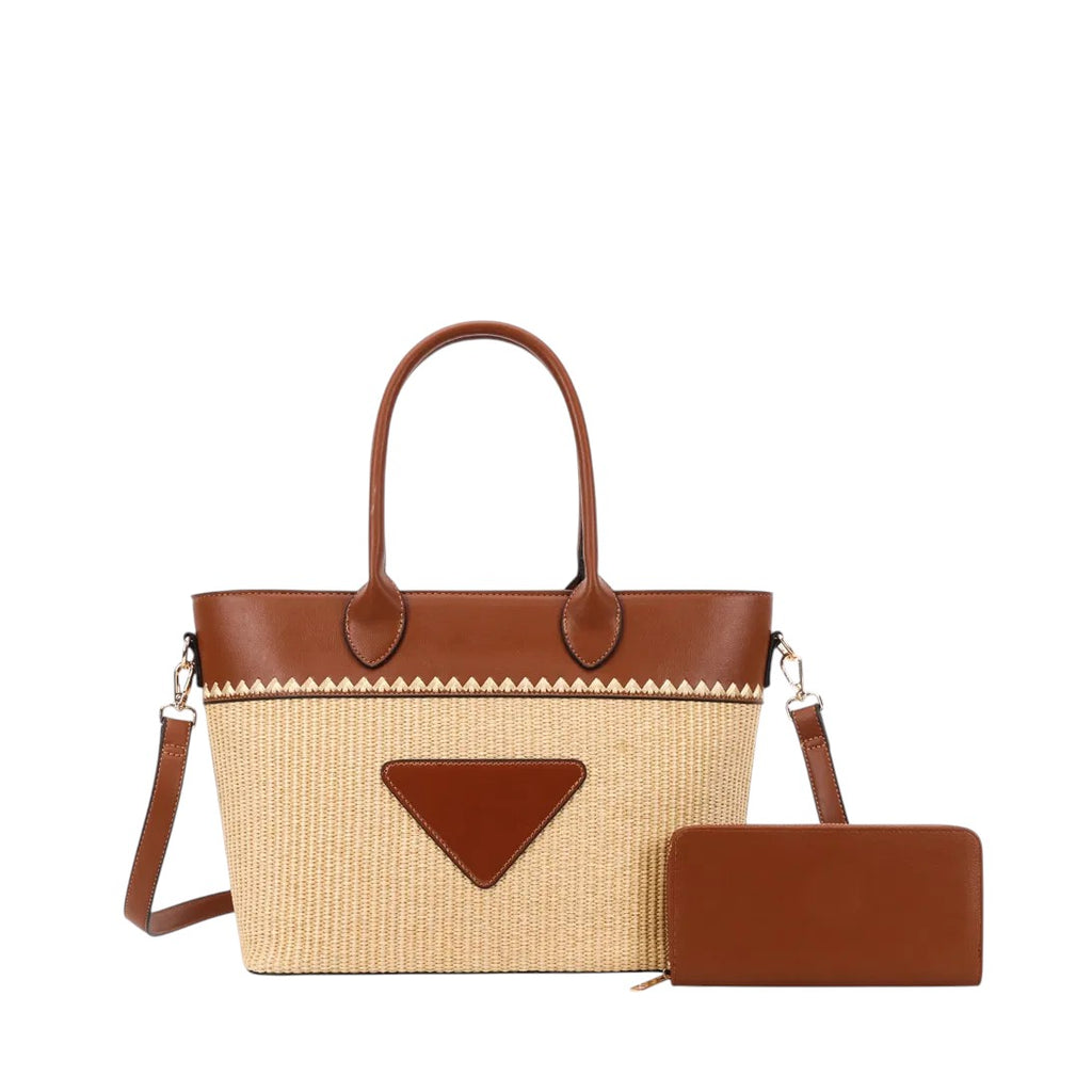 Woven Straw & Vegan Leather Tote Set with Wallet – Natural/Brown
