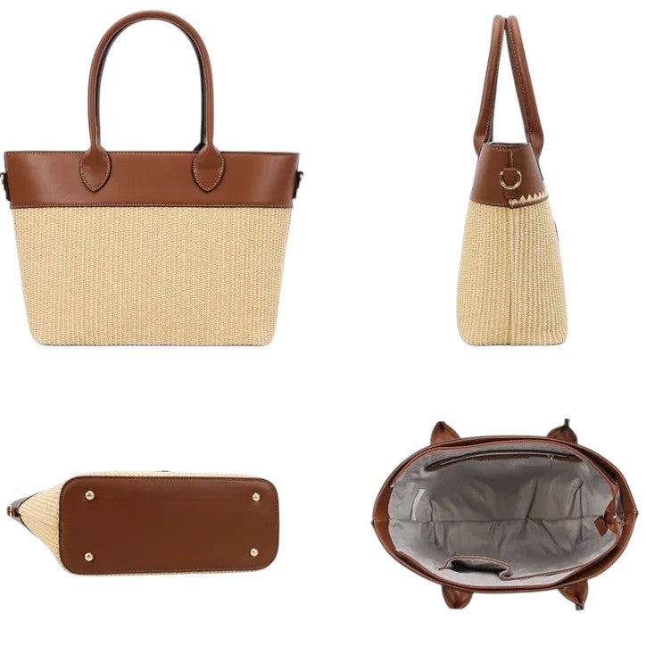 Woven Straw & Vegan Leather Tote Set with Wallet – Natural/Brown
