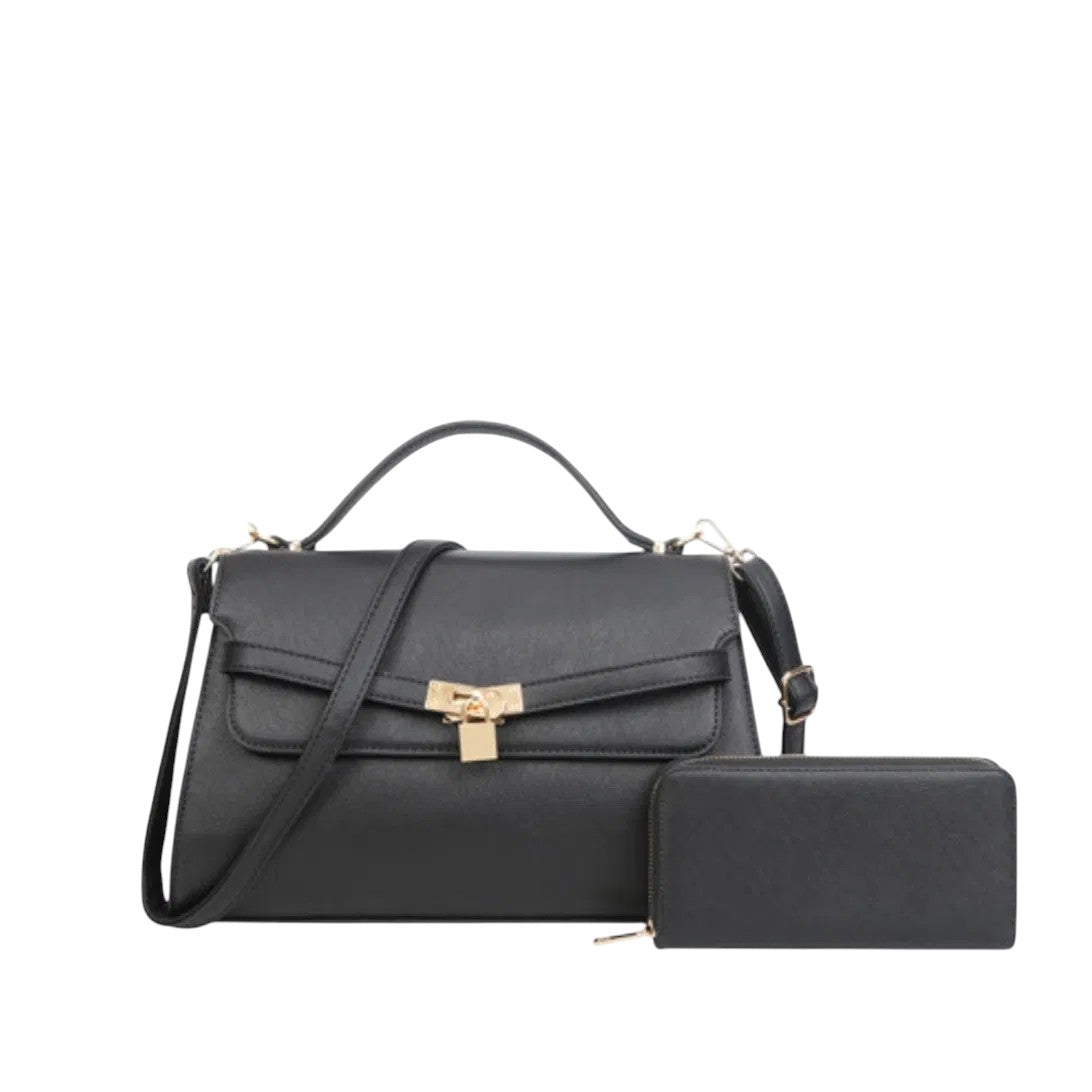 Structured Vegan Leather Satchel Set with Wallet – Black