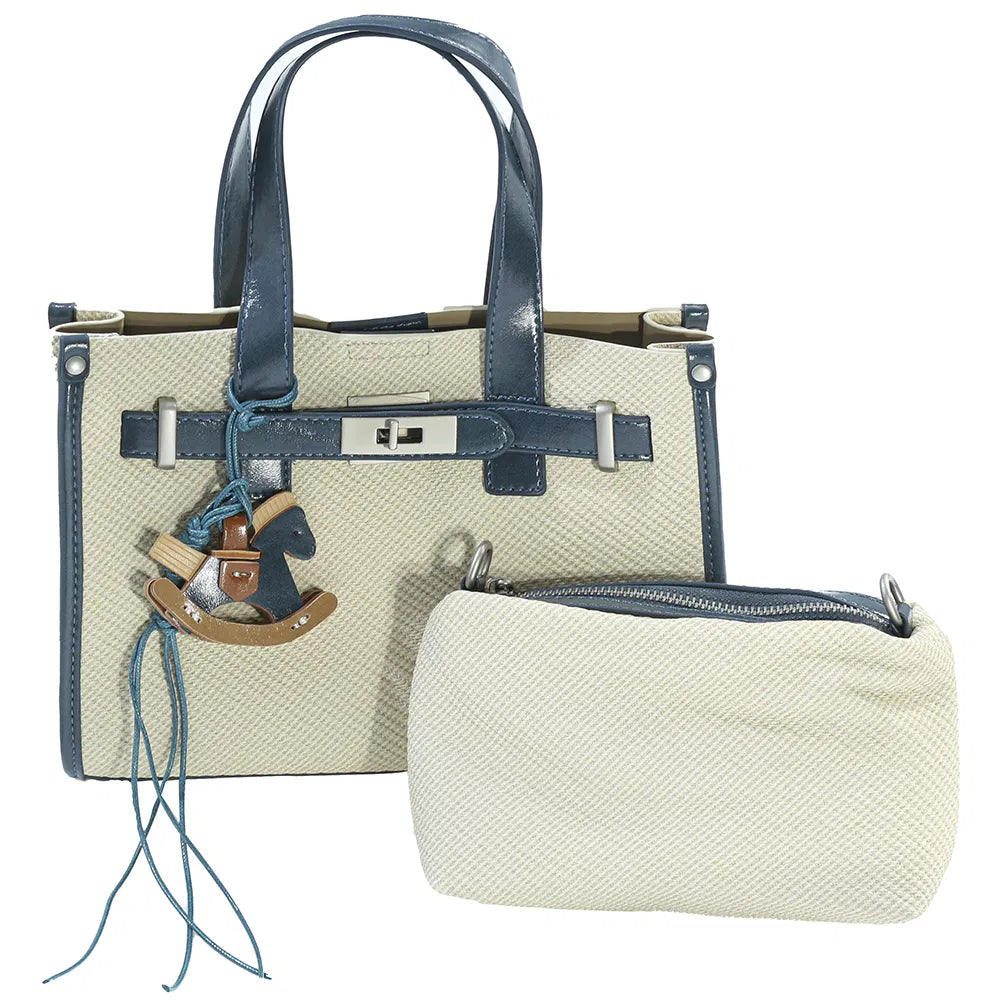 Woven Canvas Top Handle Tote Set with Pouch – Natural/Navy