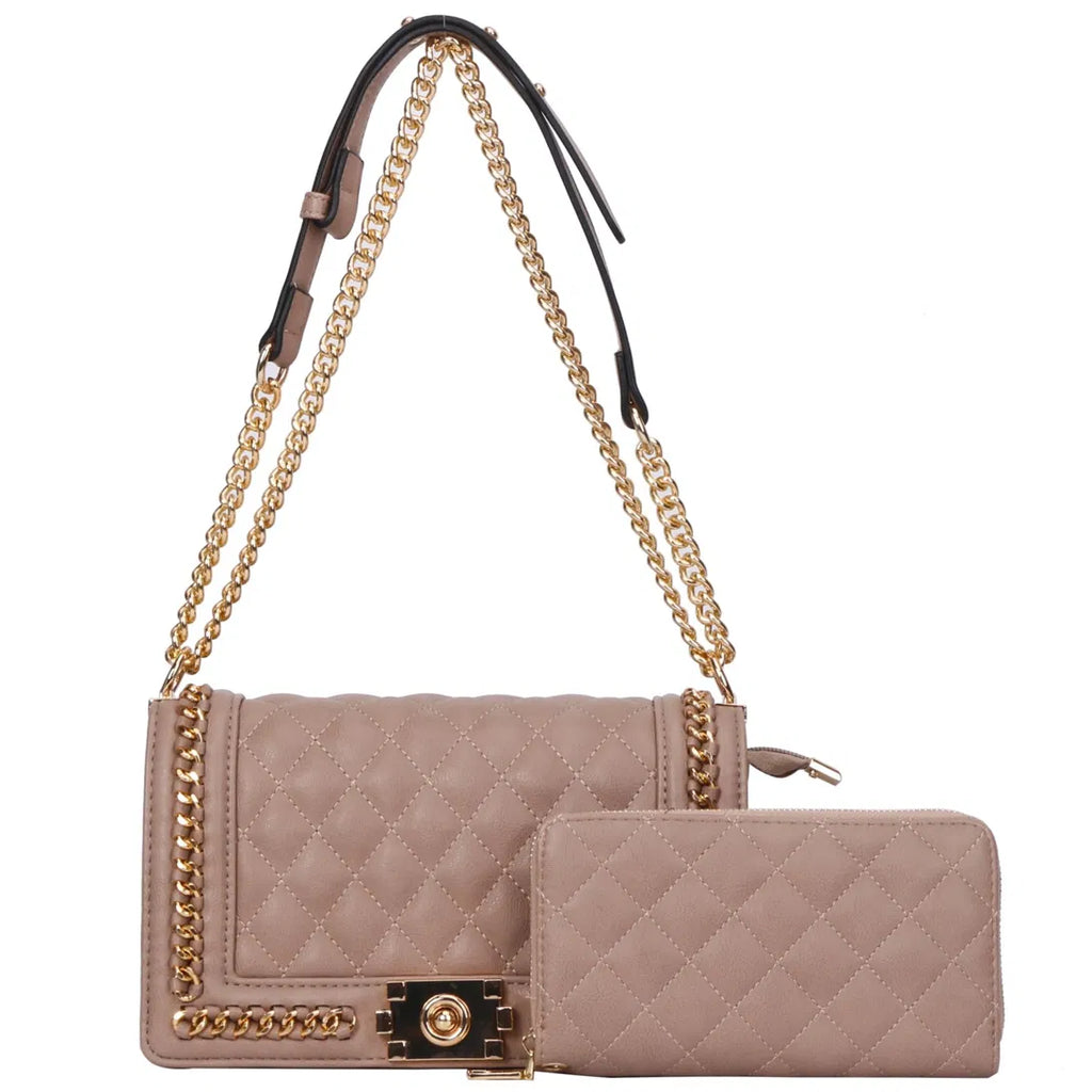 Diamond Quilted Flap Shoulder Bag Set with Wallet