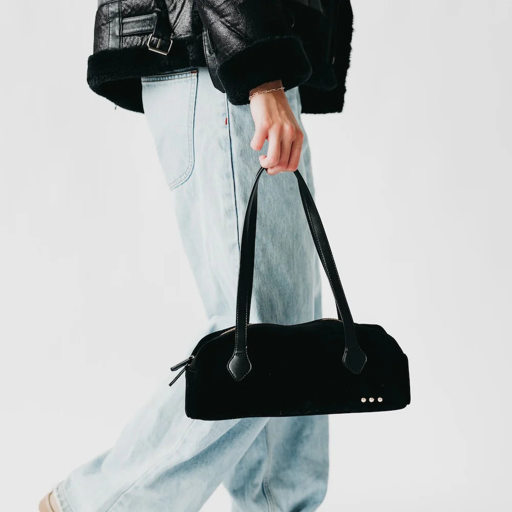 Black Sally Suede Barrel Shoulder Bag